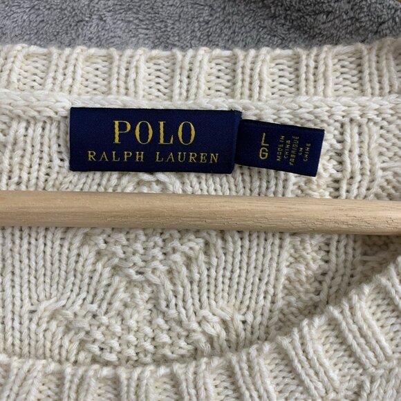 Polo Ralph Lauren Sweater Women's Large Beige Chunky Fisherman Knit Preppy - Picture 6 of 11